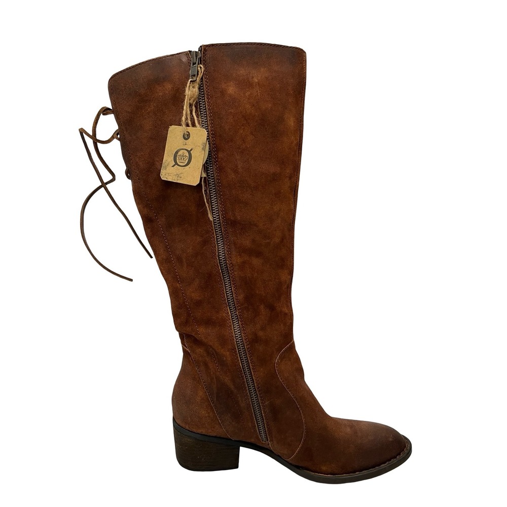 Born Brown Suede Tall Lace Up Back Boots F33180 Distressed Block Heel 10M-WC